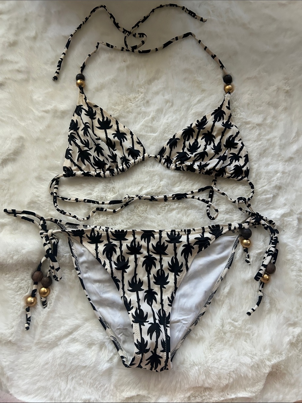 Diane Von Furstenberg Black and Cream Palm-Print Tie Bikini